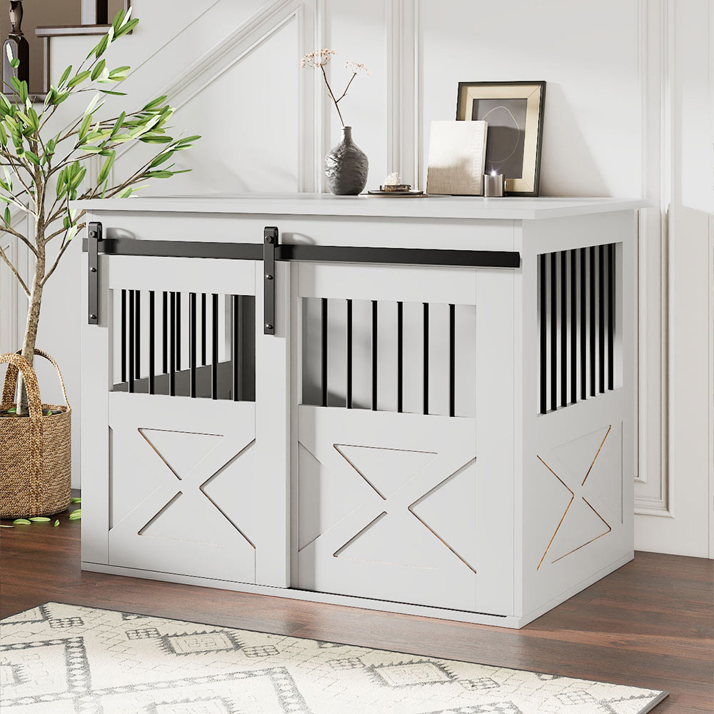 H&O Direct White Farmhouse Style Wooden Dog Crate Image 2