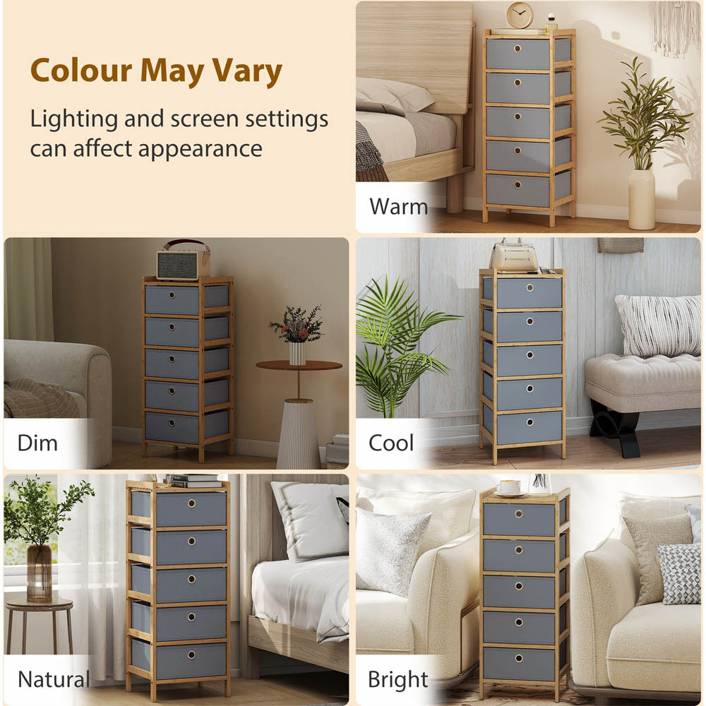 Portland 5 Fabric Drawer Light Grey Bamboo Frame Chest of Drawers Image 3