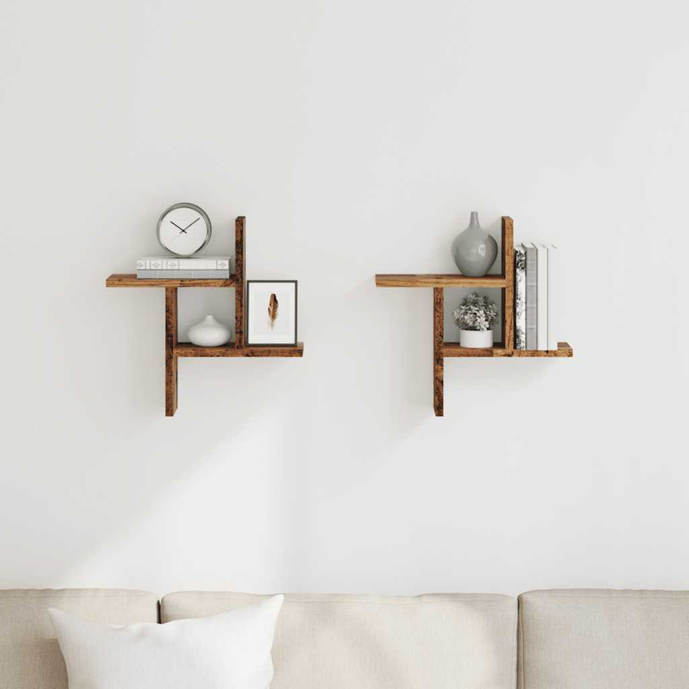 vidaXL Set of 2 3 Shelf Old Wood Floating Wall Shelf Image 3