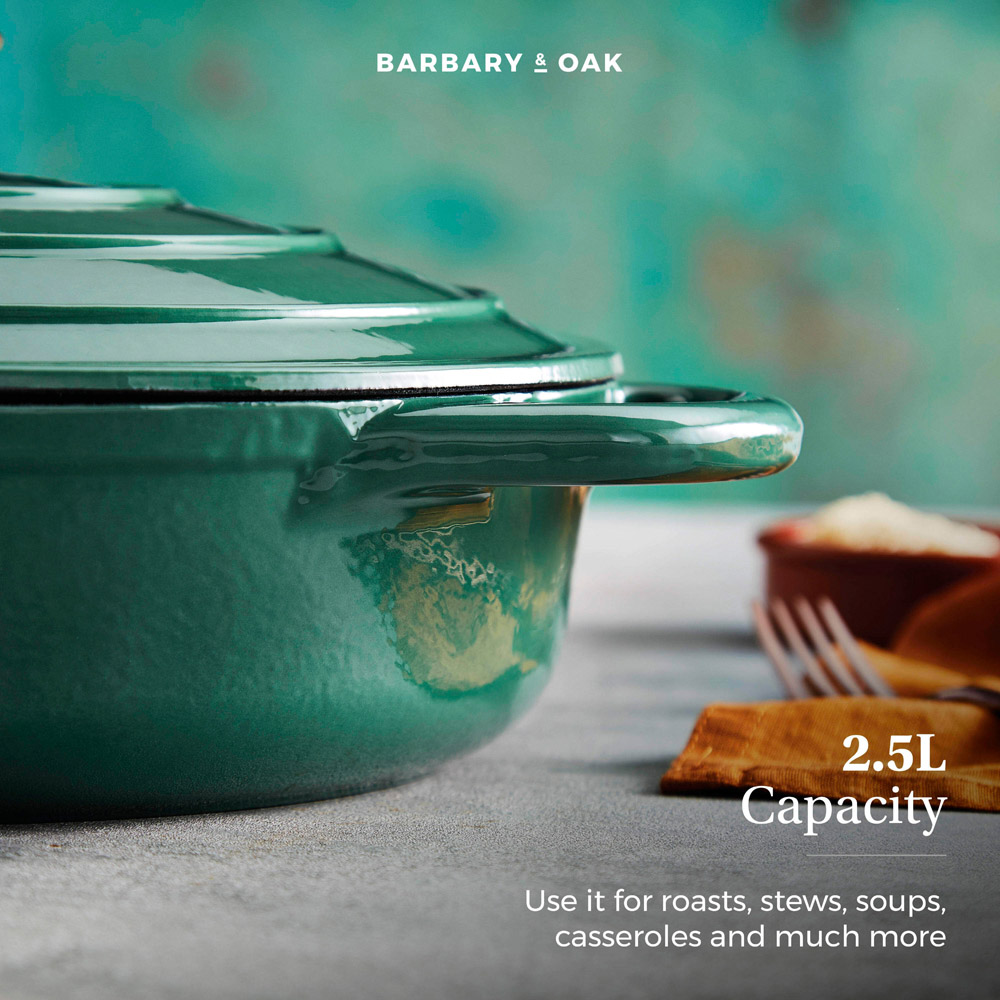 Barbary & Oak 28cm Verdigris Green Cast Iron Shallow Casserole Dish with Domed Lid Image 8