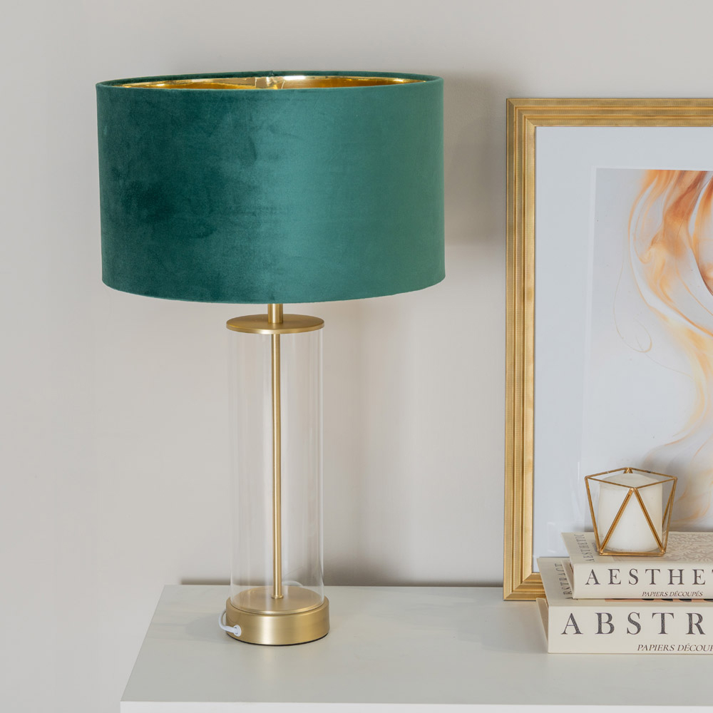 ValueLights Balan Gold Glass LED Table Lamp with Forest Green and Gold Velvet Lamp Shade Image 2