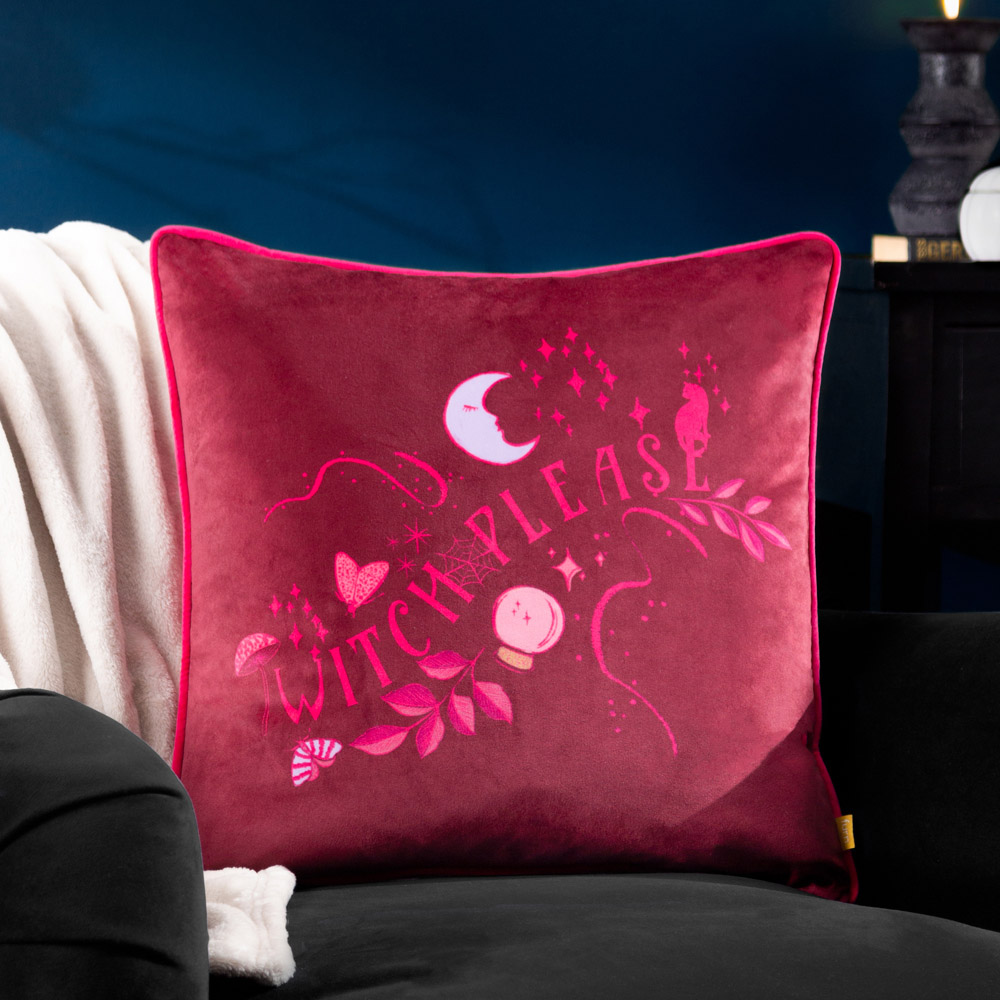 furn. Purple Witch Please Velvet Touch Piped Cushion Image 2