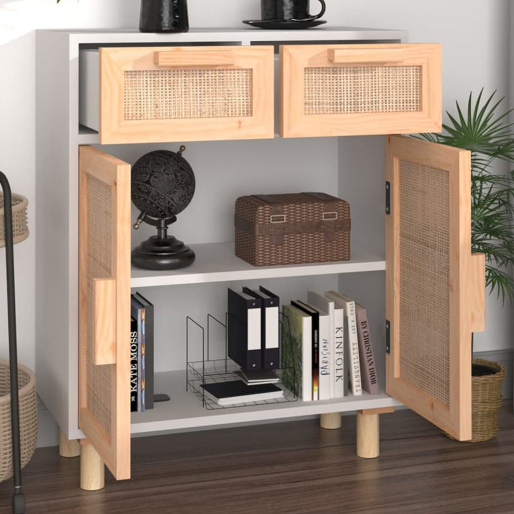 vidaXL 2 Door 2 Drawer White and Natural Rattan Solid Pine Wood Sideboard Image 1