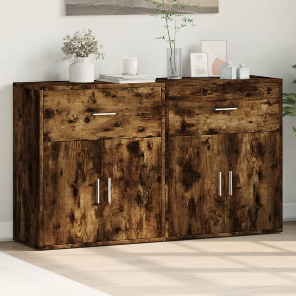 vidaXL 2 Door Single Drawer Smoked Oak Sideboard Set of 2 Image 1