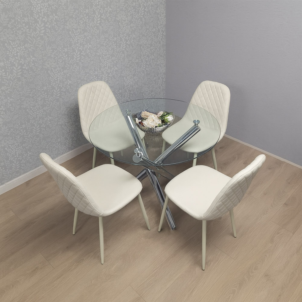 Kosy Koala 4 Seater Clear Glass Faux Leather Gem Pattern Round Dining Set Cream Image 5