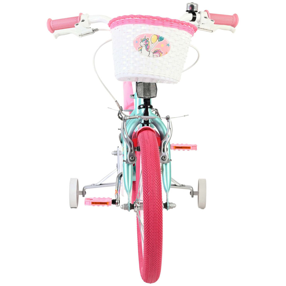 Volare Unicorn Kids 16 inch Green and Pink Bike with Stabilisers Doll Seat and Basket Image 3
