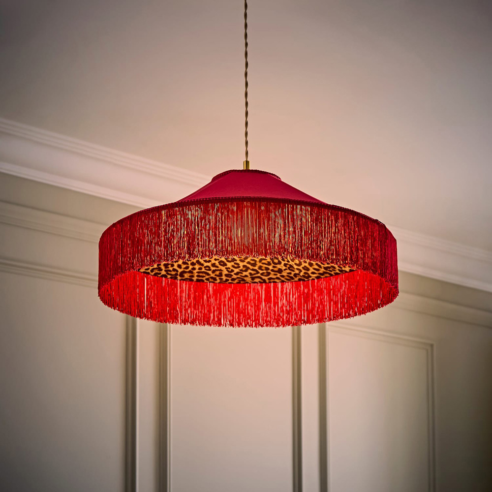 ValueLights Nicole Burgundy Velvet Taper Pendant Lamp Shade with Leopard Print Inner and Fringe Trim Image 2
