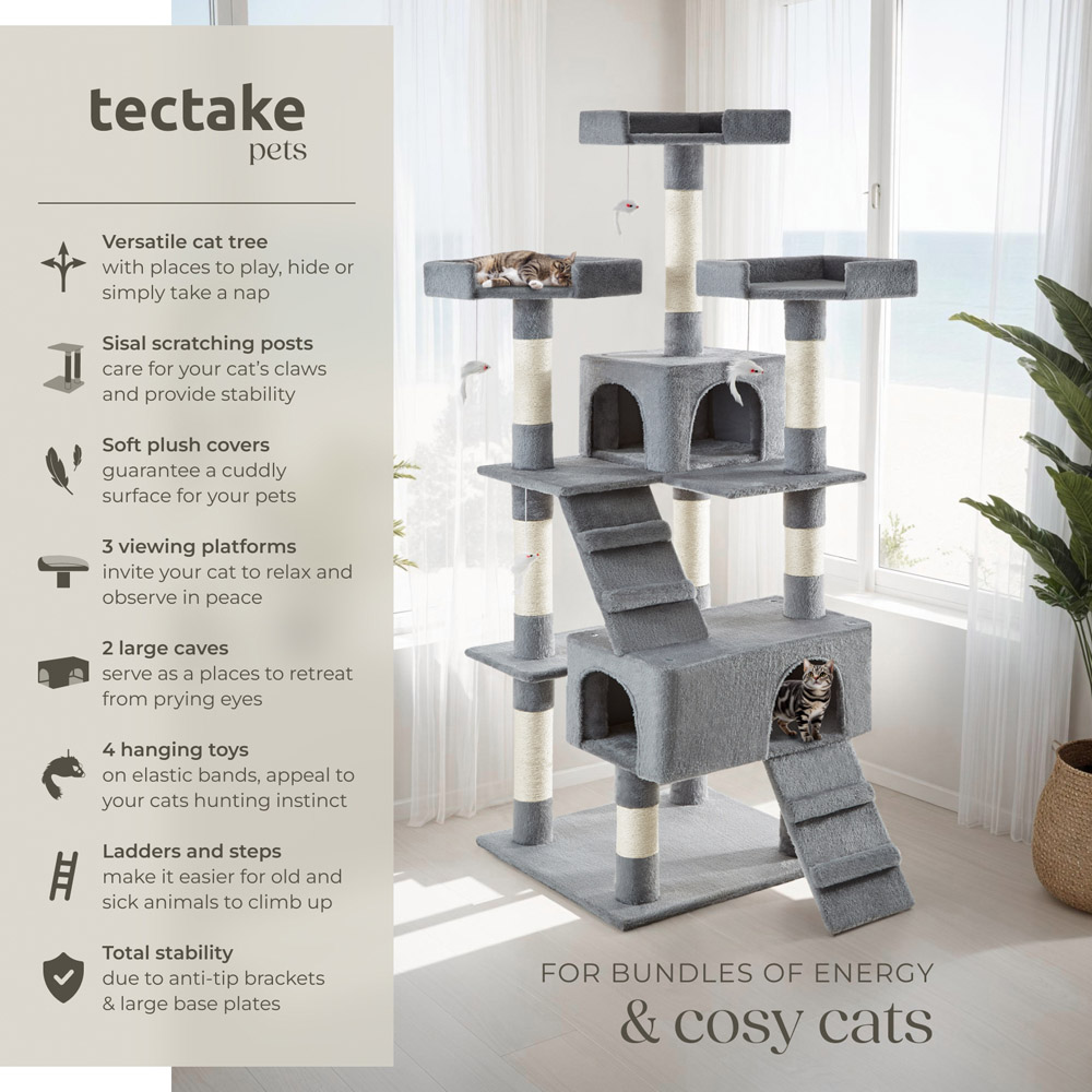 tectake Barney Grey Cat Tree with Scratching Posts 170cm Image 6