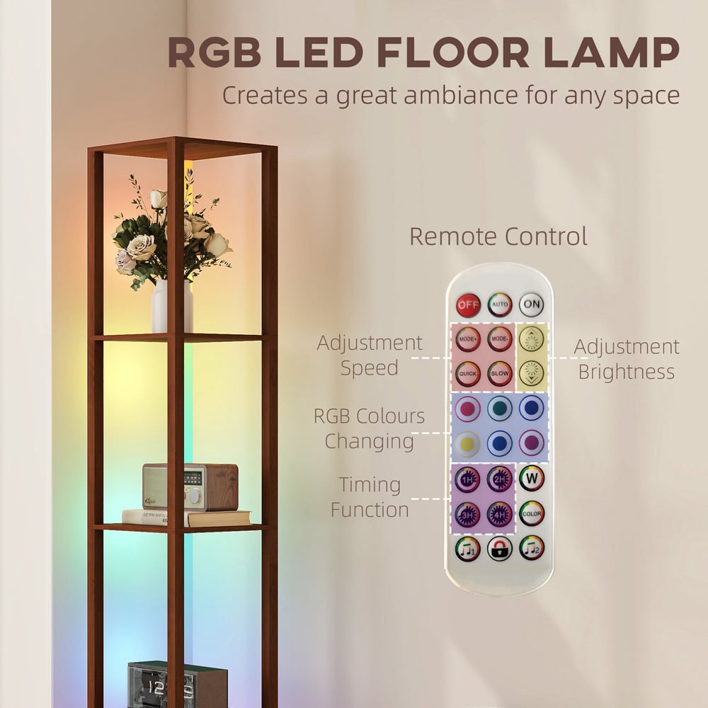 HOMCOM 4 Shelf Brown RGB LED Floor Lamp with Remote Image 8