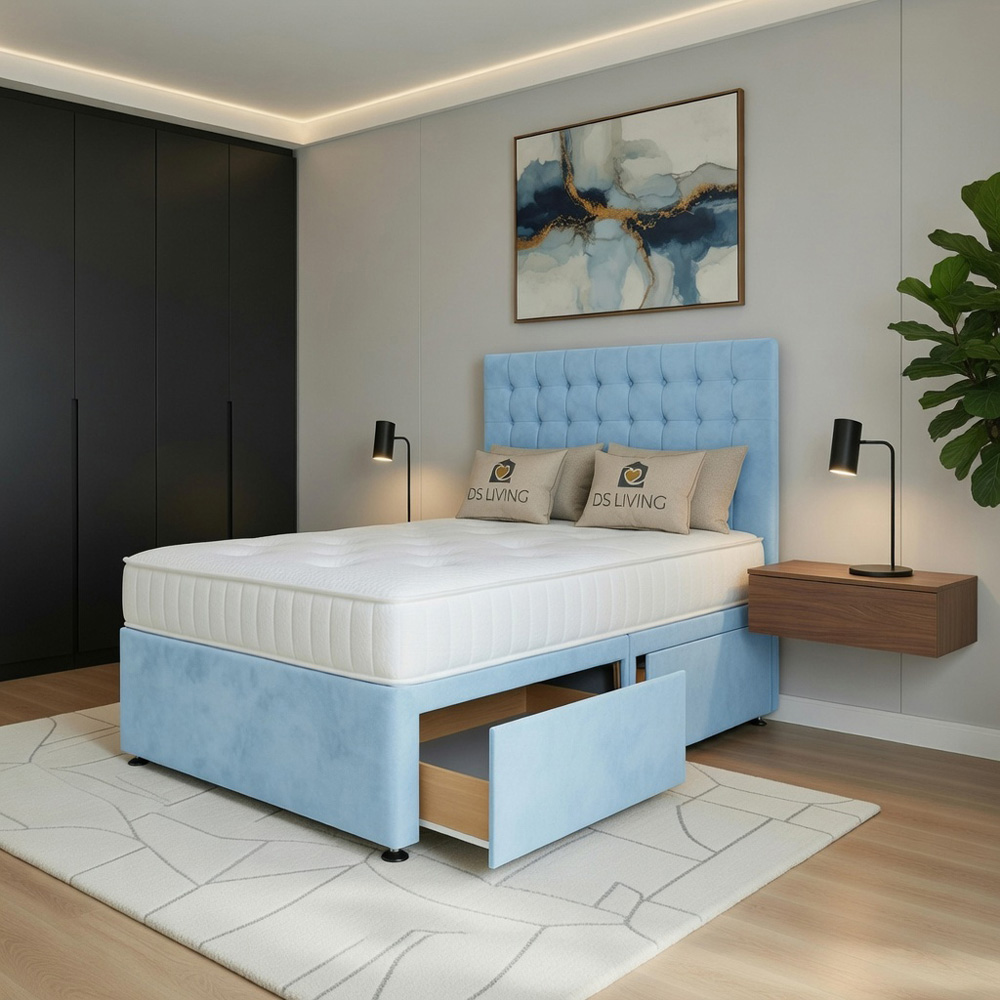 DS Living Casia King Size Sky Blue Plush Velvet Divan Bed with 4 Drawer Image 2