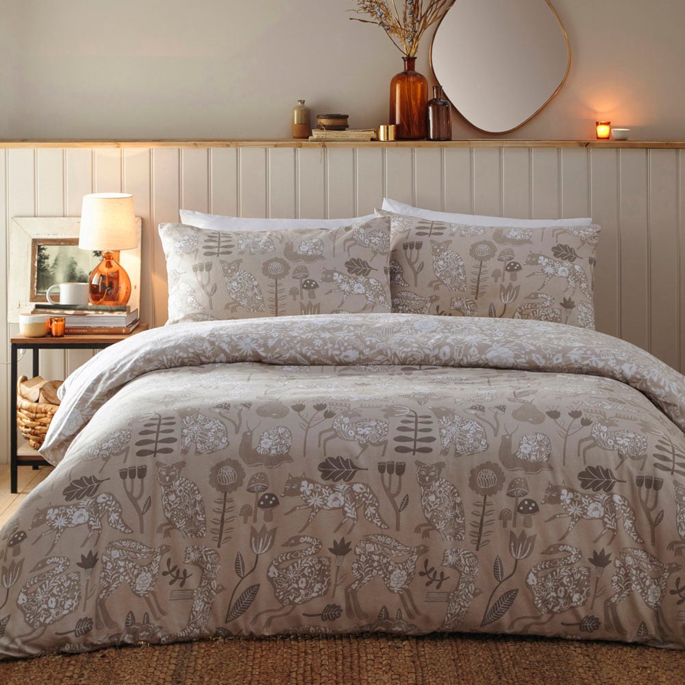 furn. Nook Woodland King Size Greige Brushed Cotton Duvet Set Image 1
