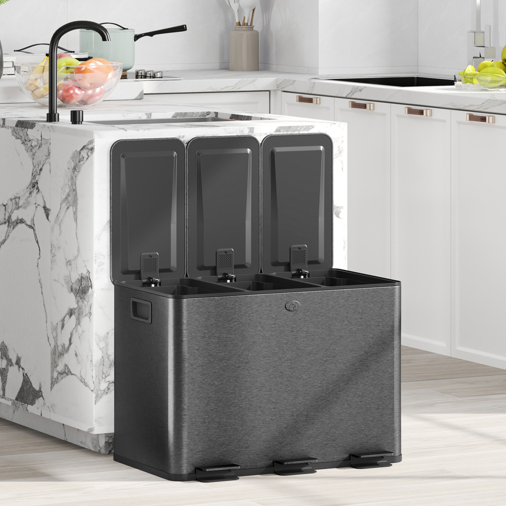 HOMCOM Triple Recycling Black Kitchen Pedal Bin 60L Image 3