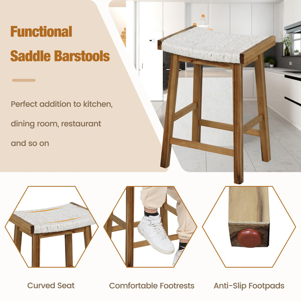 Costway White Seaweed Woven Saddle Bar Stool Set of 2 Image 5