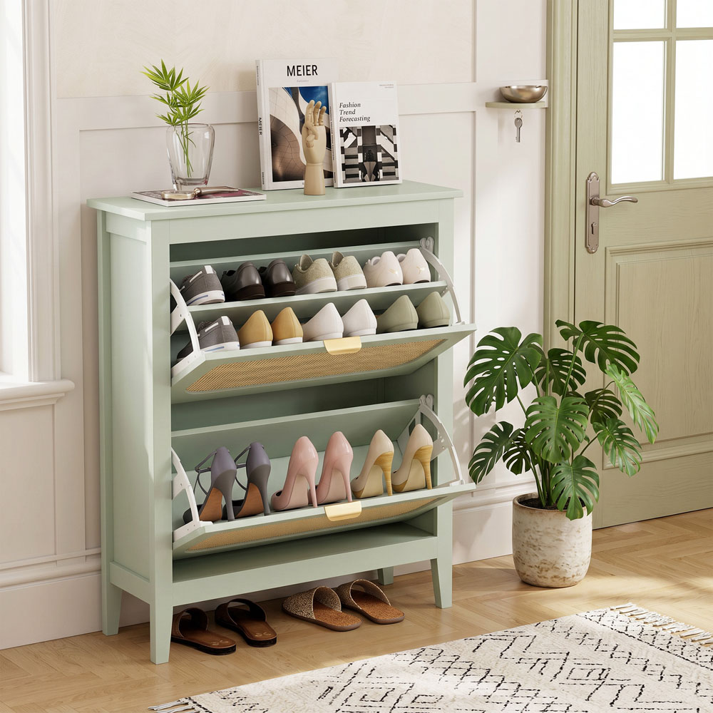 HOMCOM 2 Flip Door Green Rattan Boho-Style Slim Shoe Cabinet Image 4