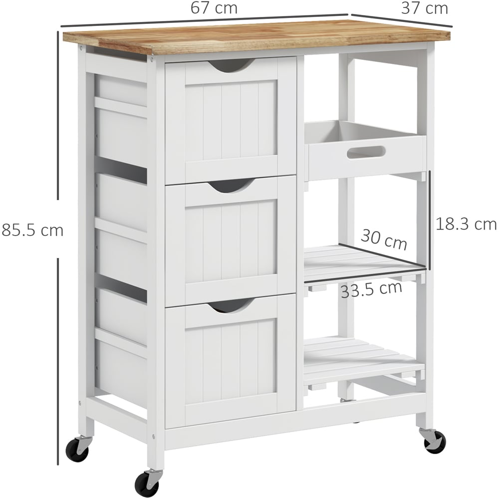 HOMCOM 3 Drawer 3 Shelf White Rolling Kitchen Island Cart Image 9