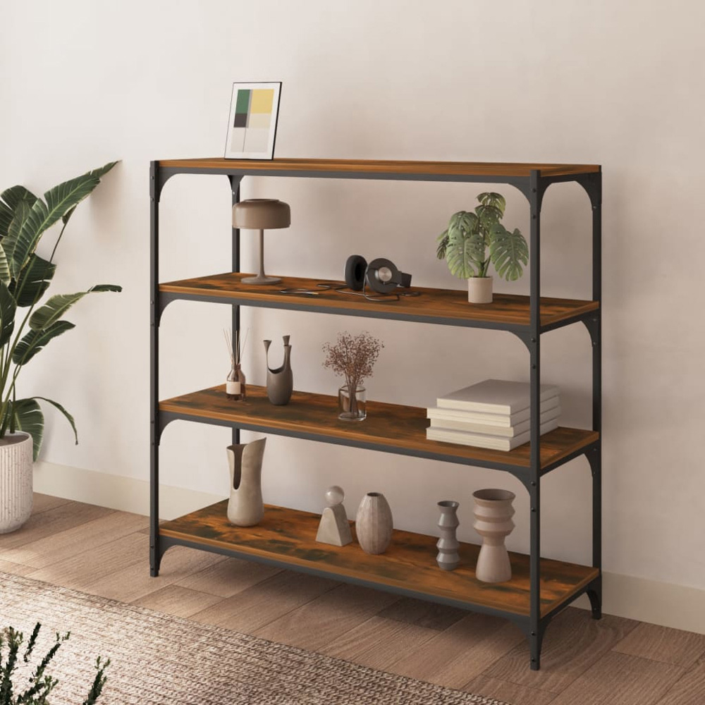 vidaXL 4 Shelf Smoked Oak Wood and Steel Wide Bookcase Image 7