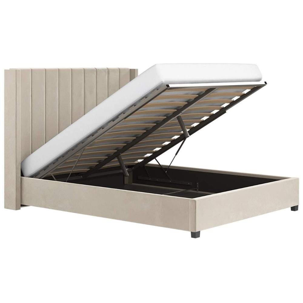 Flair Tiggy King Size Beige Velvet Ottoman Bed with Winged Headboard Image 3
