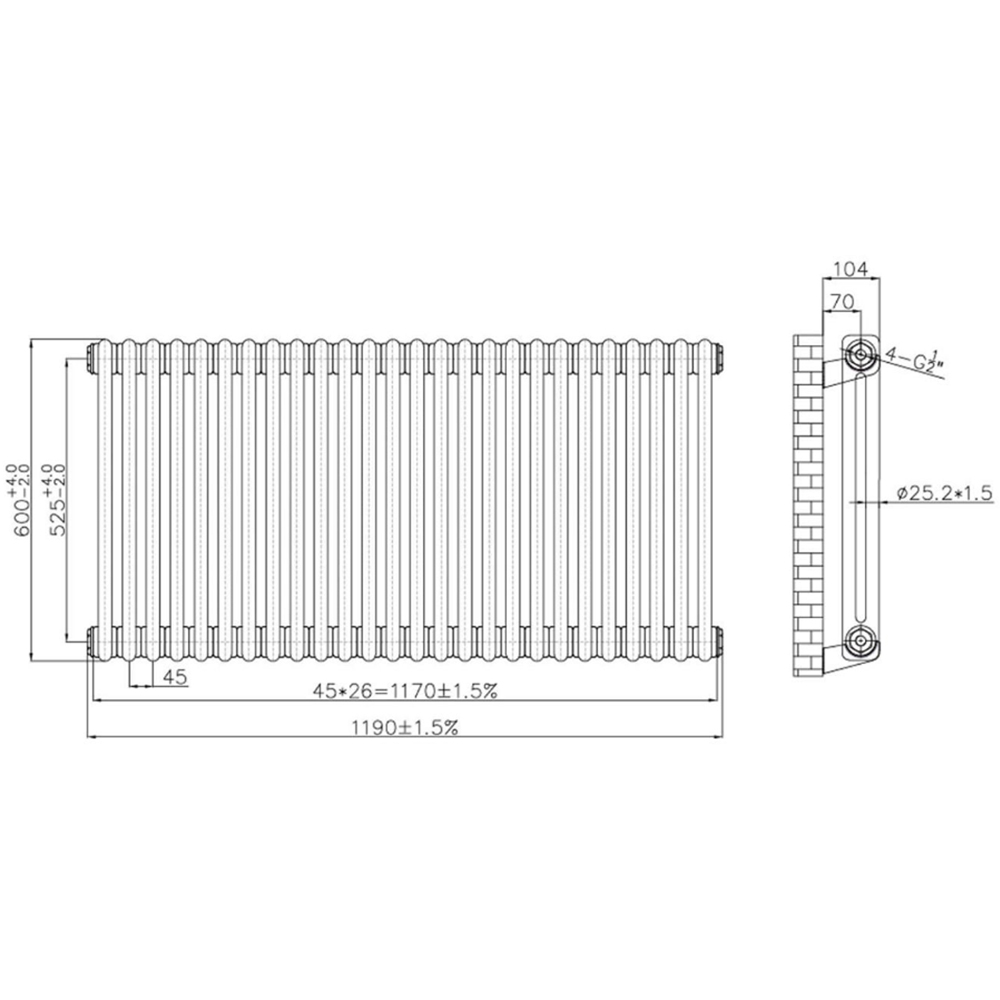 Go Bathrooms Traditional Antique Brass 2 Column Radiator 600 x 1190mm Image 3