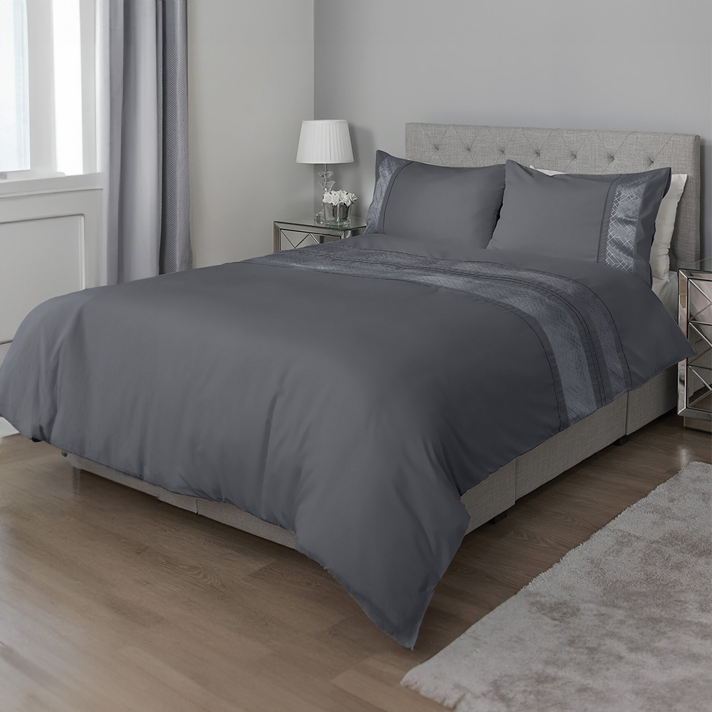 My Home King Charcoal Geo Velvet Stripe Duvet Cover and Pillowcase Set Image 1