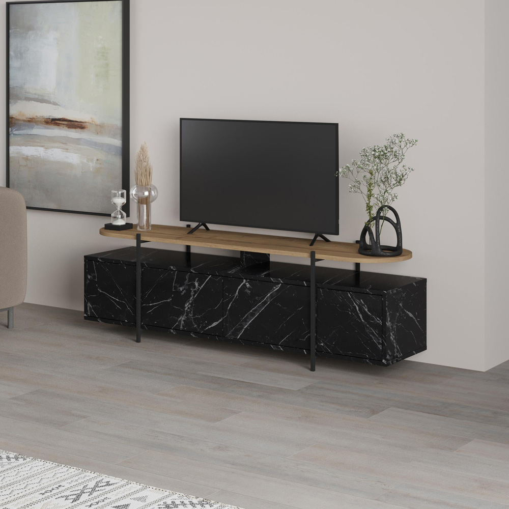 Decortie Hanley 4 Door Black Marble Effect TV Stand Image 4
