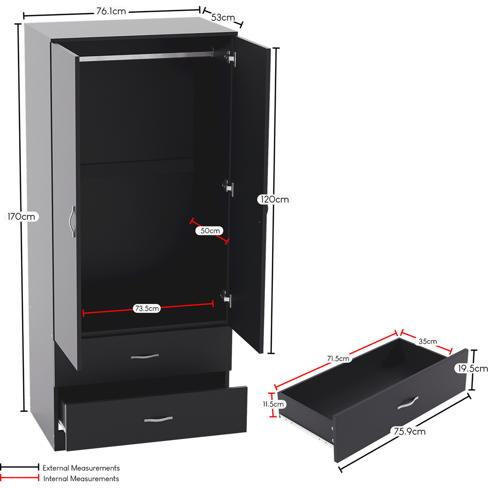 Vida Designs Riano 2 Door 2 Drawer Black Wardrobe Image 9