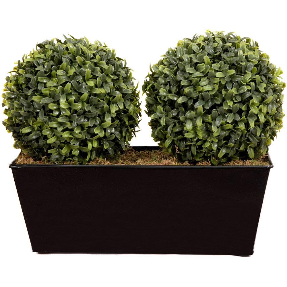 GreenBrokers Artificial Boxwood Double Bay Ball in Black Window Box 35cm Image 2