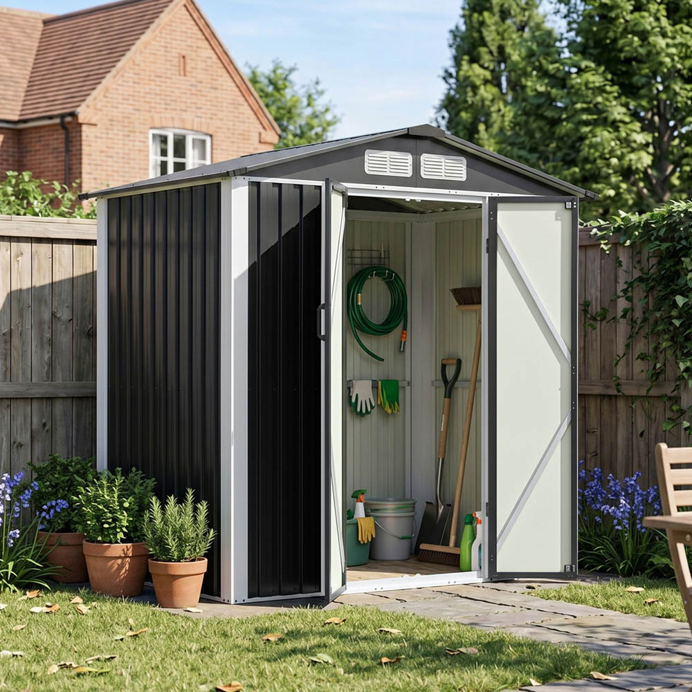 Living and Home 6 x 4ft Black Metal Apex Garden Storage Shed Image 2