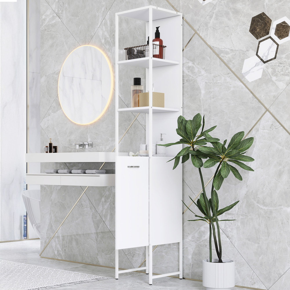 HOMCOM Single Door 3 Shelf White Adjustable Tall Bathroom Cabinet Image 1