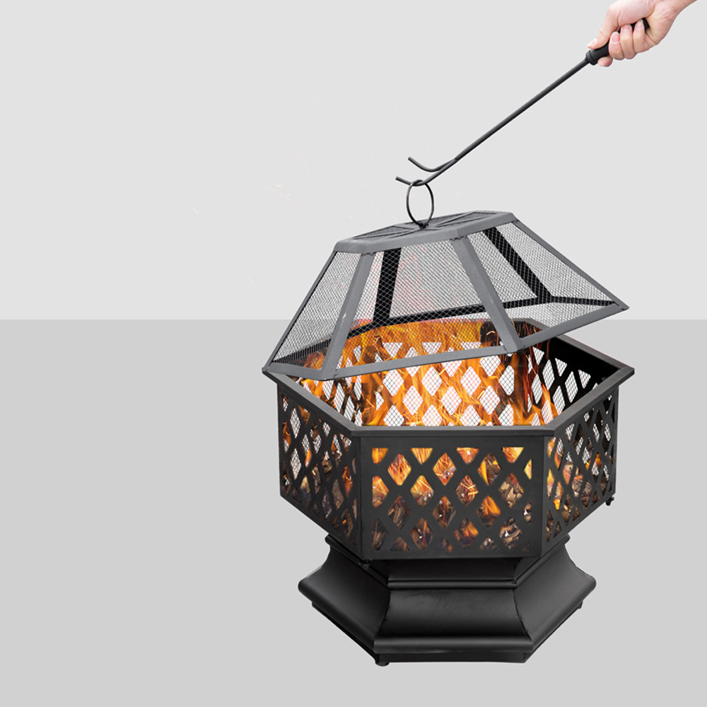 Outsunny Diamond Pattern Hexagonal Fire Pit with Poker and Mesh Lid Image 5