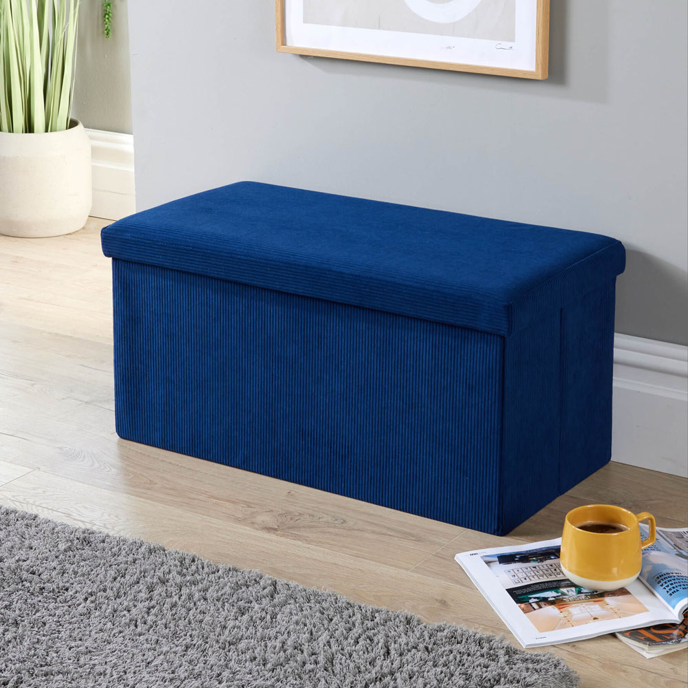 Home Source Blue Corduroy Upholstered Folding Ottoman Image 7