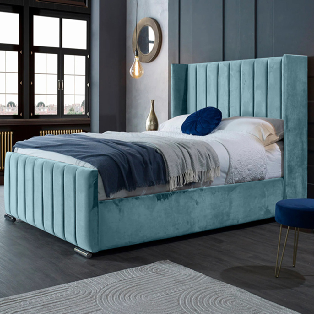 Eleganza Home Meriso Double Duck Egg Plush Velvet Bed Frame with Winged Headboard Image 1