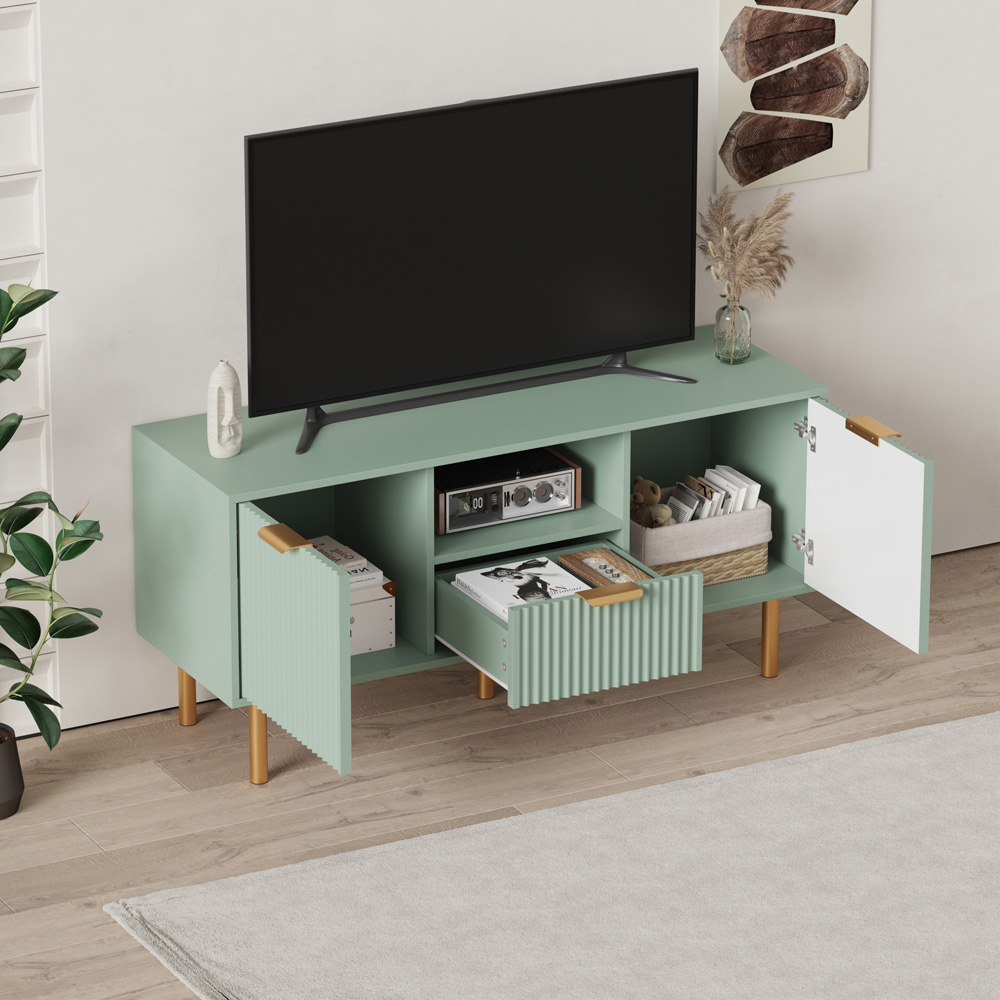 FurnitureHMD 2 Door Single Drawer Single Shelf Green Wave Pattern TV Unit Image 6