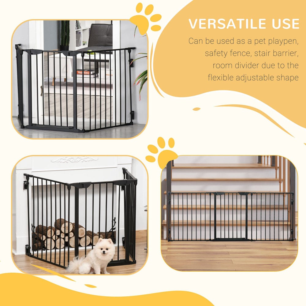 PawHut Black 3 Panel Playpen Metal Pet Safety Gate with Walk Through Door Image 4