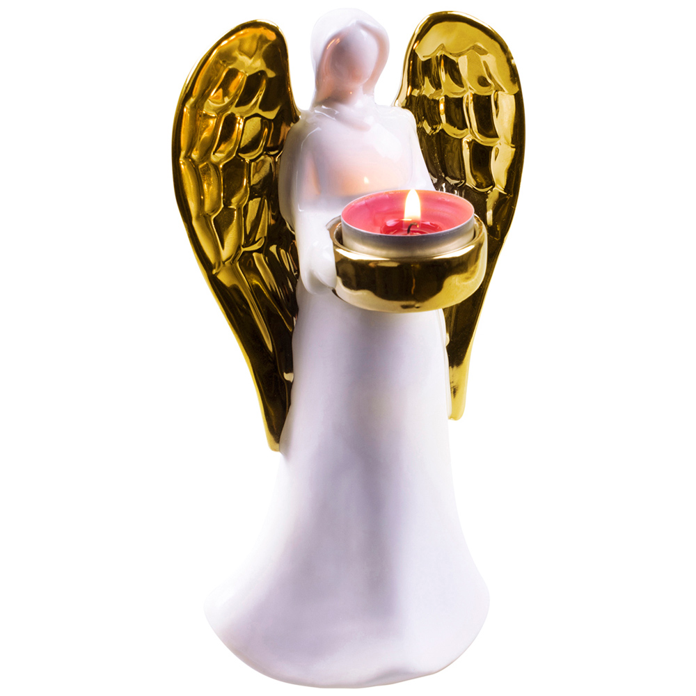 St Helens Large White and Gold Winged Angel Ceramic Tea Light Holder Image 1