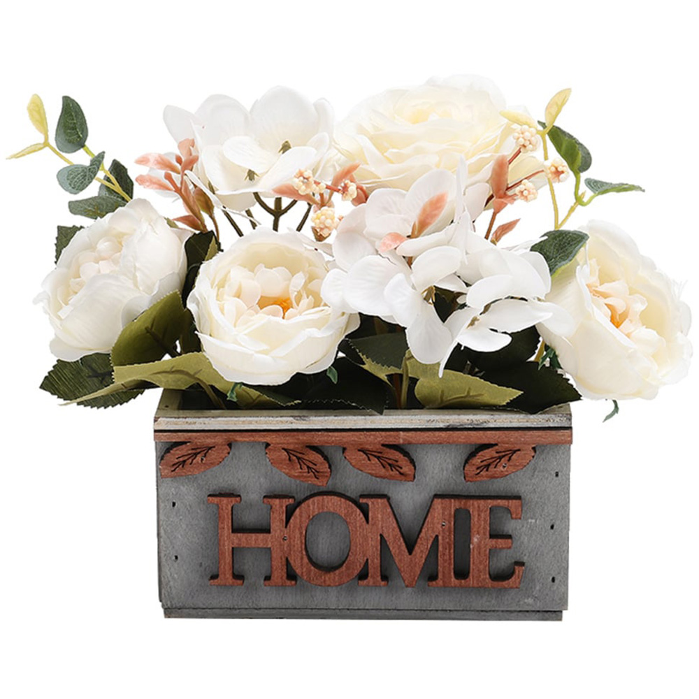 Living And Home SW0244 White Wooden Planter Artificial Plant 15cm Image 1