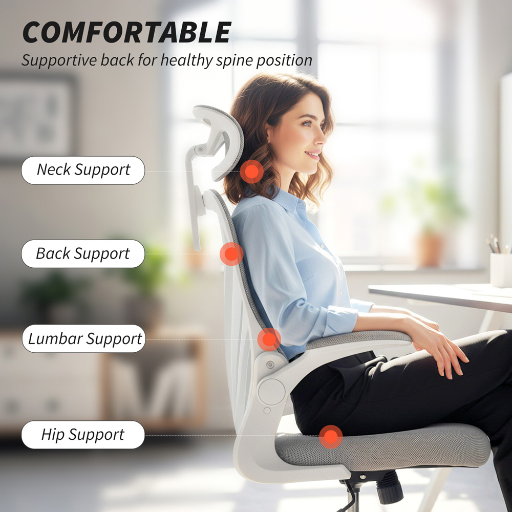 Portland Grey Mesh Height Adjustable Foldable Ergonomic Swivel Office Chair with Headrest Image 7