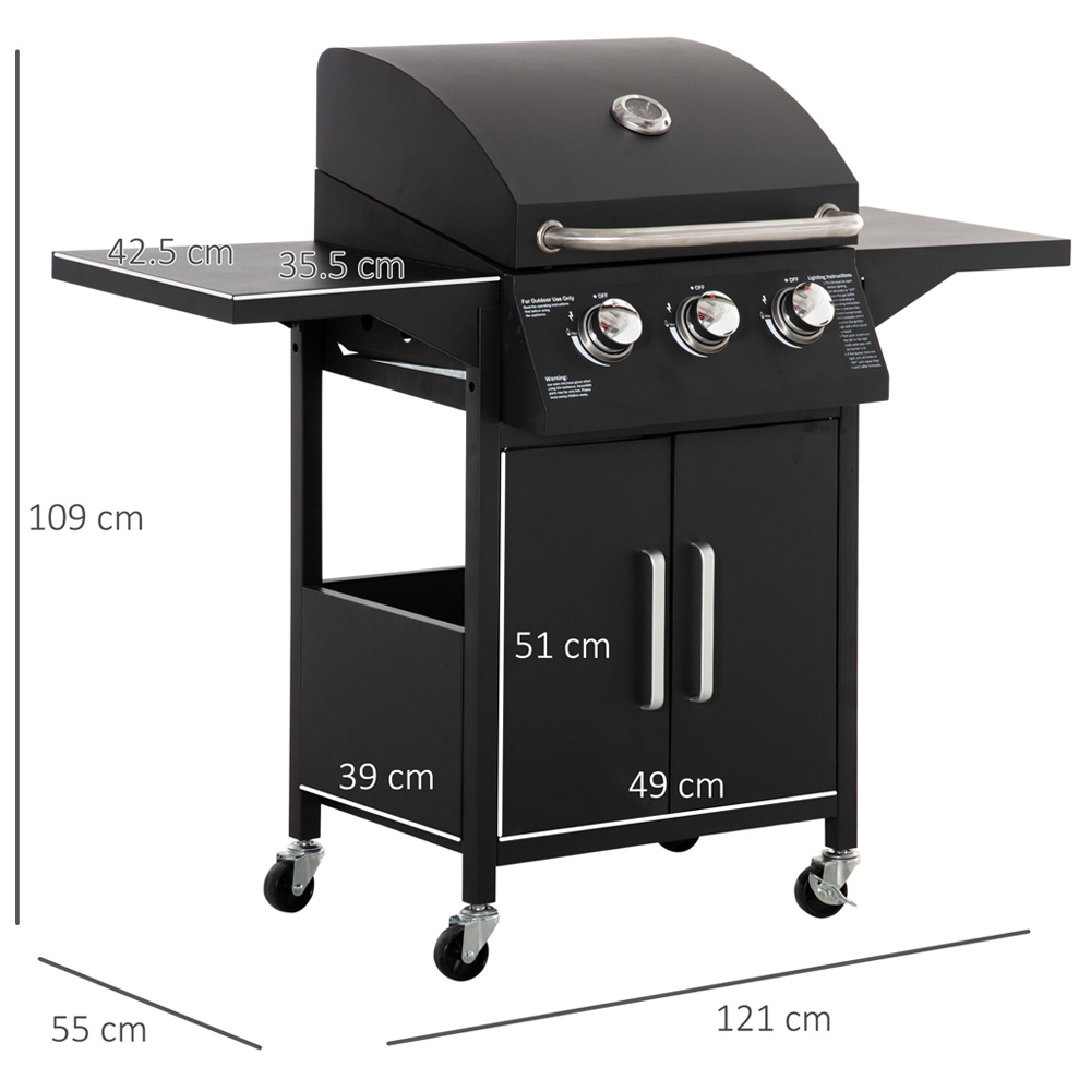 Outsunny Black Outdoor 3 Burner Gas Grill BBQ Trolley Image 5