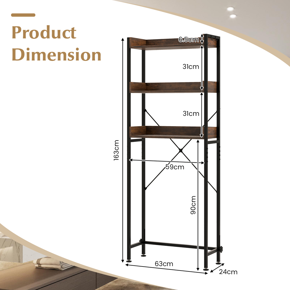 Costway 3 Shelf Rustic Brown Over The Toilet Storage Shelf with Hooks Image 8