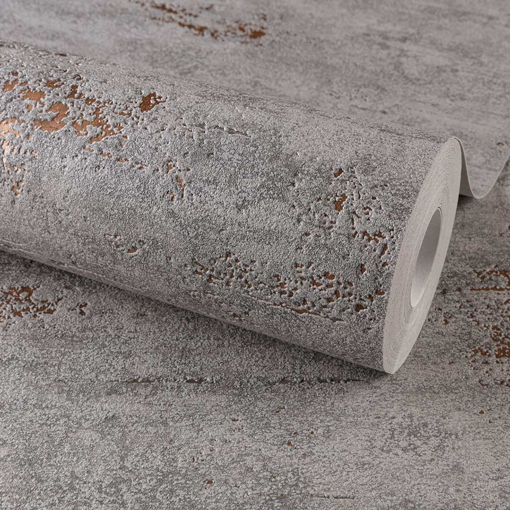 Grandeco On The Rocks Distressed Concrete Stone Charcoal Grey and Copper Wallpaper Image 2
