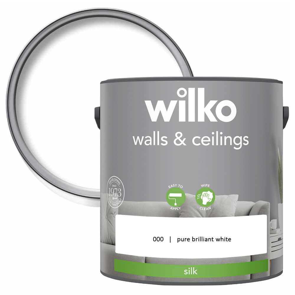 Wilko Walls & Ceilings Pure Brilliant White Silk Emulsion Paint 2.5L Image 1