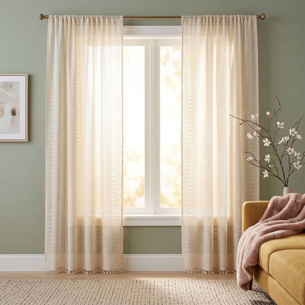 Living and Home Beige Geometric Semi Sheer 2 Panel Curtain 100 x 213cm Image 7