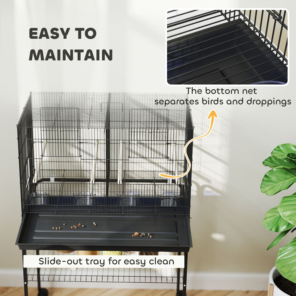 PawHut Black 4 Wooden Perches Bird Cage with Divider and Tray Image 7