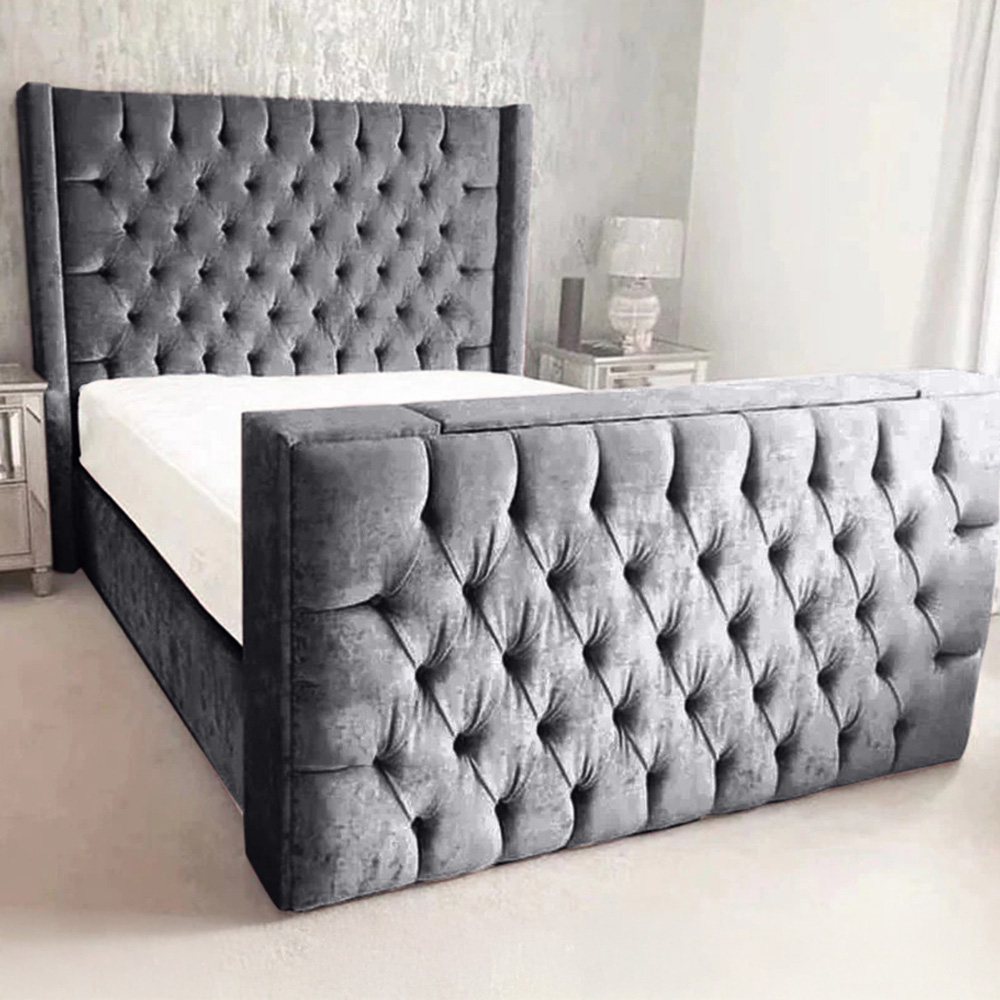 Eleganza Home Lokie Double Steel Plush TV Bed Frame with Headboard and Footboard Image 1