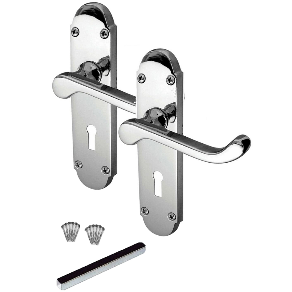 Golden Grace Victorian Scroll Polished Chrome Door Handles on Shaped Backplate Lever Lock Image