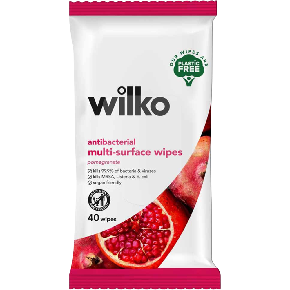 Wilko Pomegranate Plastic Free Antibacterial Surface Wipes 40 Pack Image