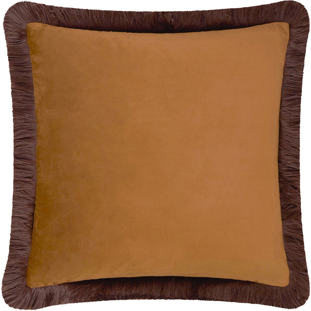 Furn Halo Fringed Caramel and Chocolate Velvet Cushion 50 x 50cm Image 1