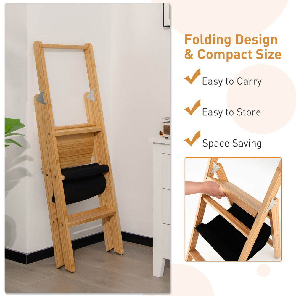 Costway 2 Step Bamboo Portable Folding Stool with Storage Shelf Image 5