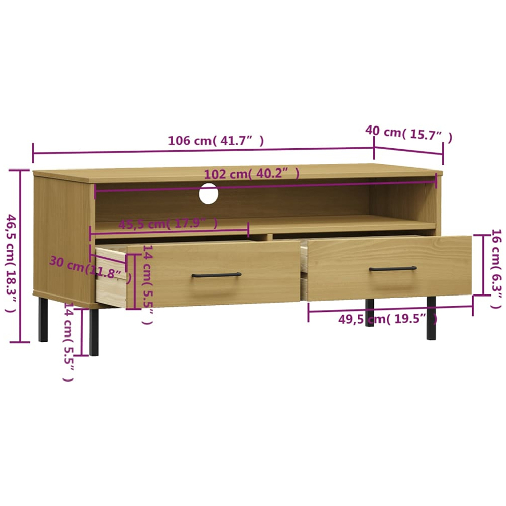 vidaXL Oslo 2 Drawer Single Shelf Brown Solid Pine Wood TV Cabinet Image 8