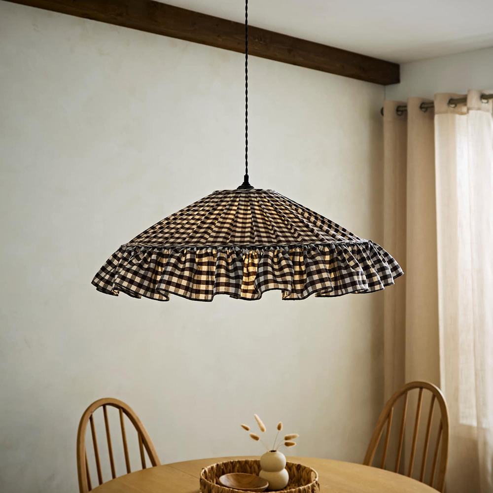 ValueLights Wren Brown Gingham Patterned Ruffle Skirt Trim Ceiling Shade Image 6