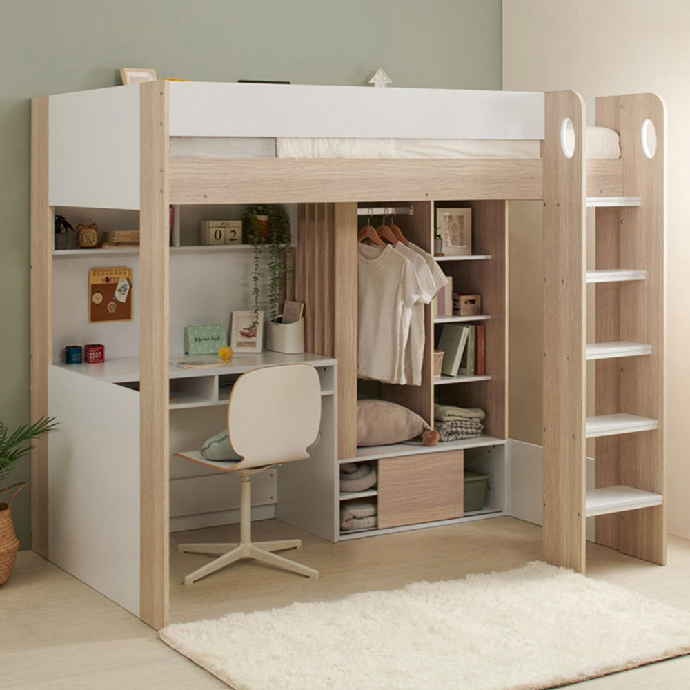 Flair Hampton White and Oak High Sleeper with Desk and Wardrobe Image 1